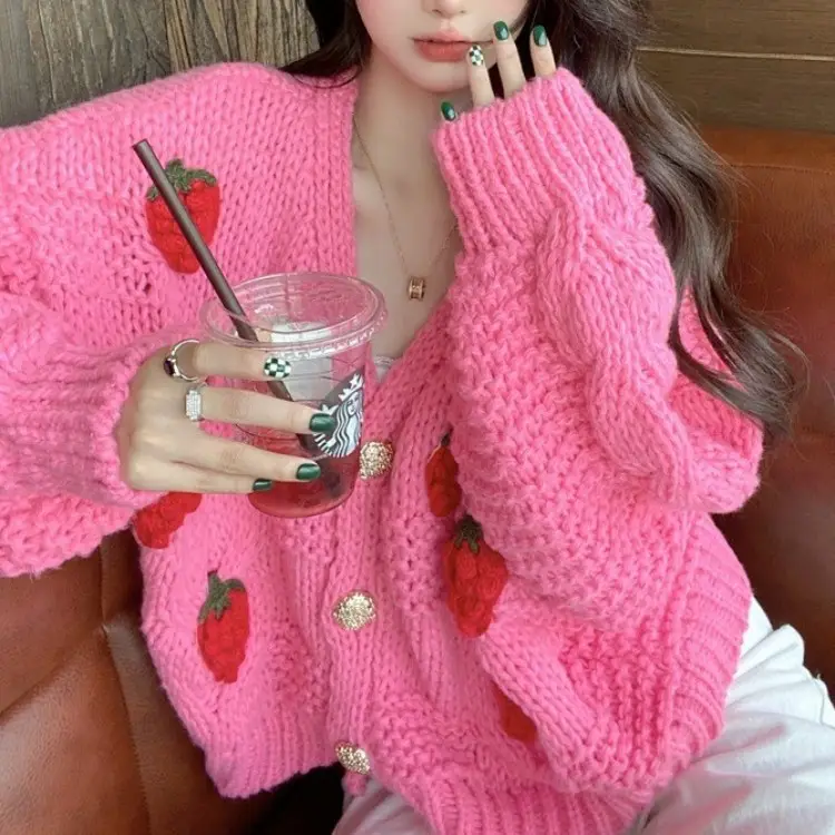 Pink Long Sleeve Three-Dimensional Sweater Women's Cardigan - Image 9