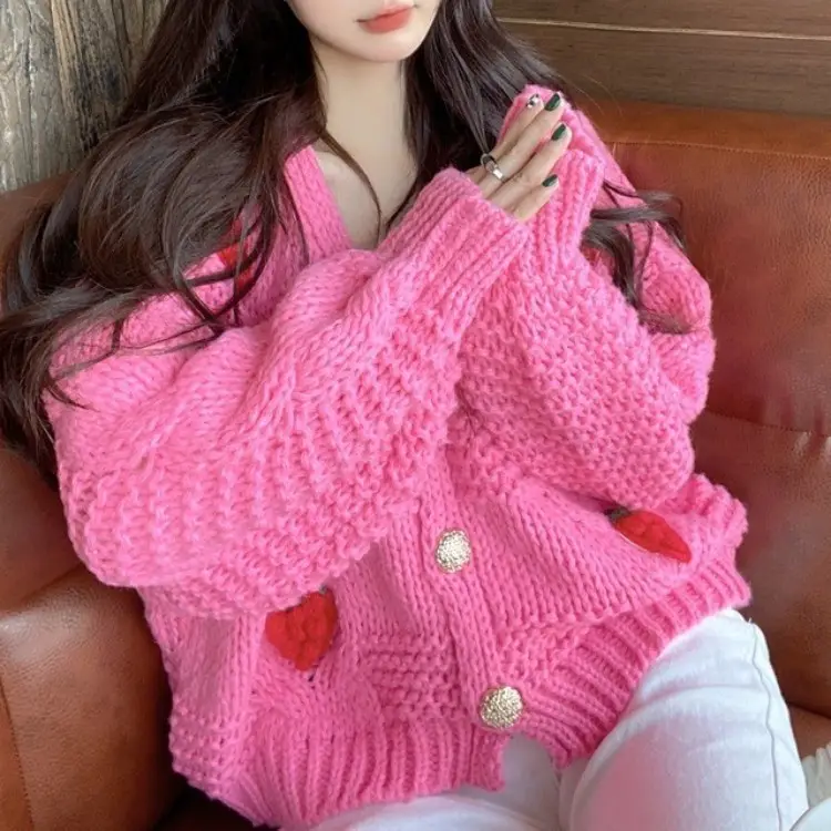 Pink Long Sleeve Three-Dimensional Sweater Women's Cardigan - Image 7