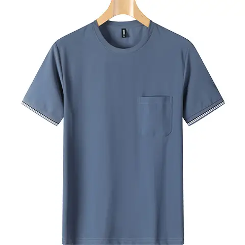 Men Blue Ice Silk T-Shirt with Pockets