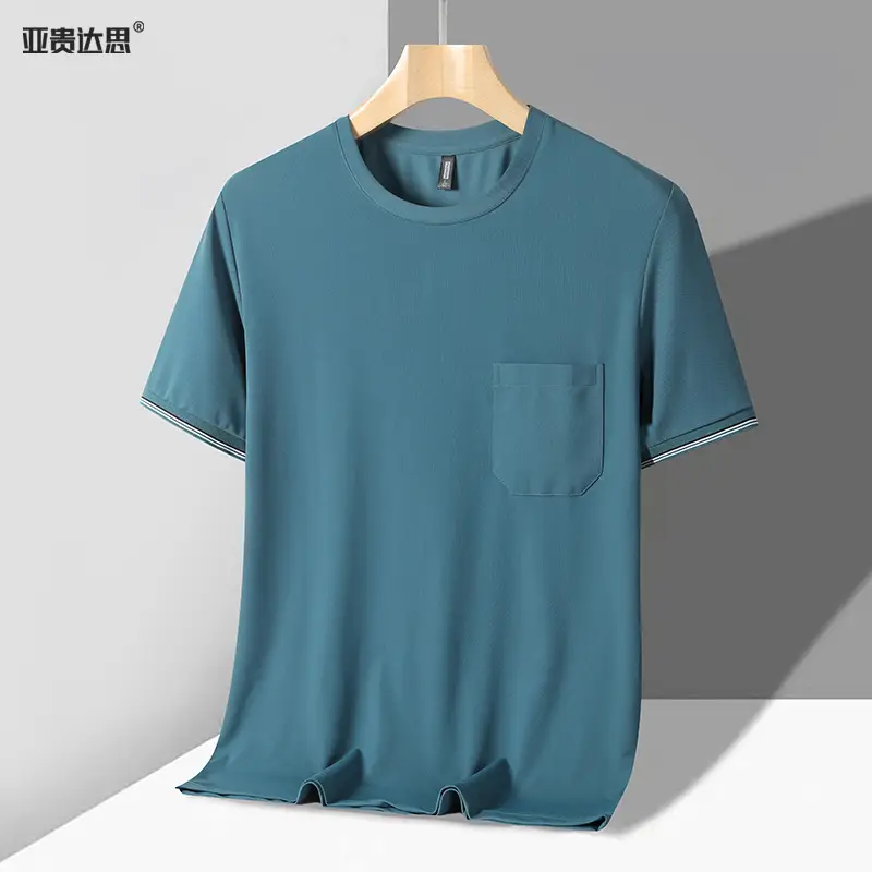 Men Blue Ice Silk T-Shirt with Pockets