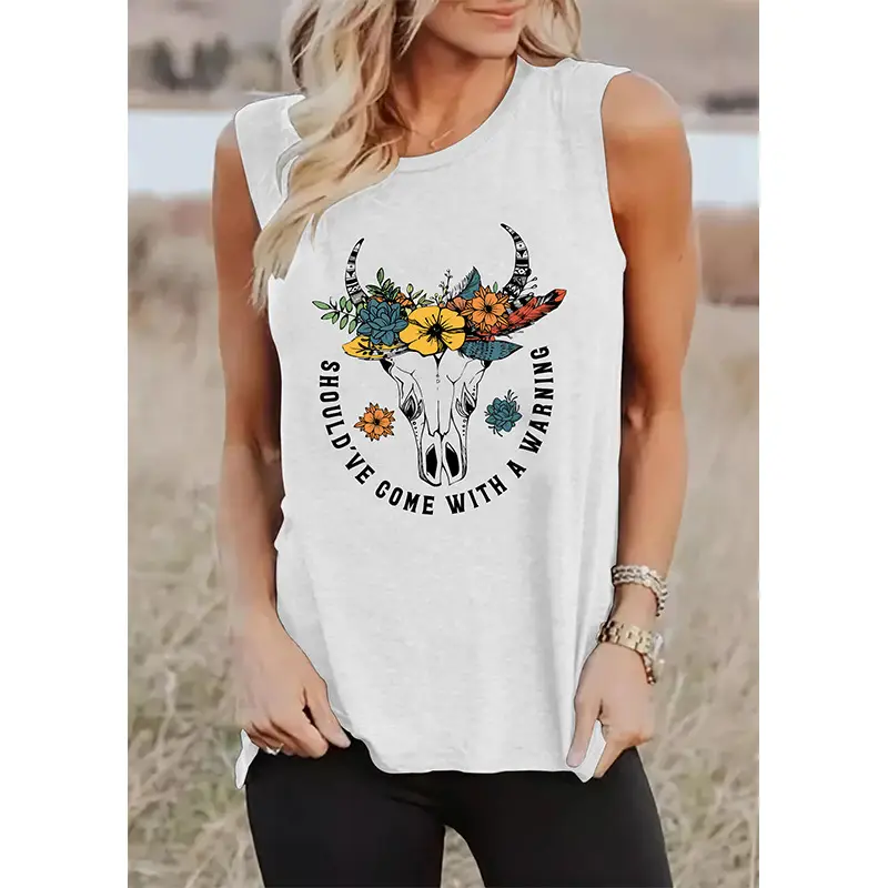 European and American summer women's round neck top Western style printed sleeveless T-shirt women