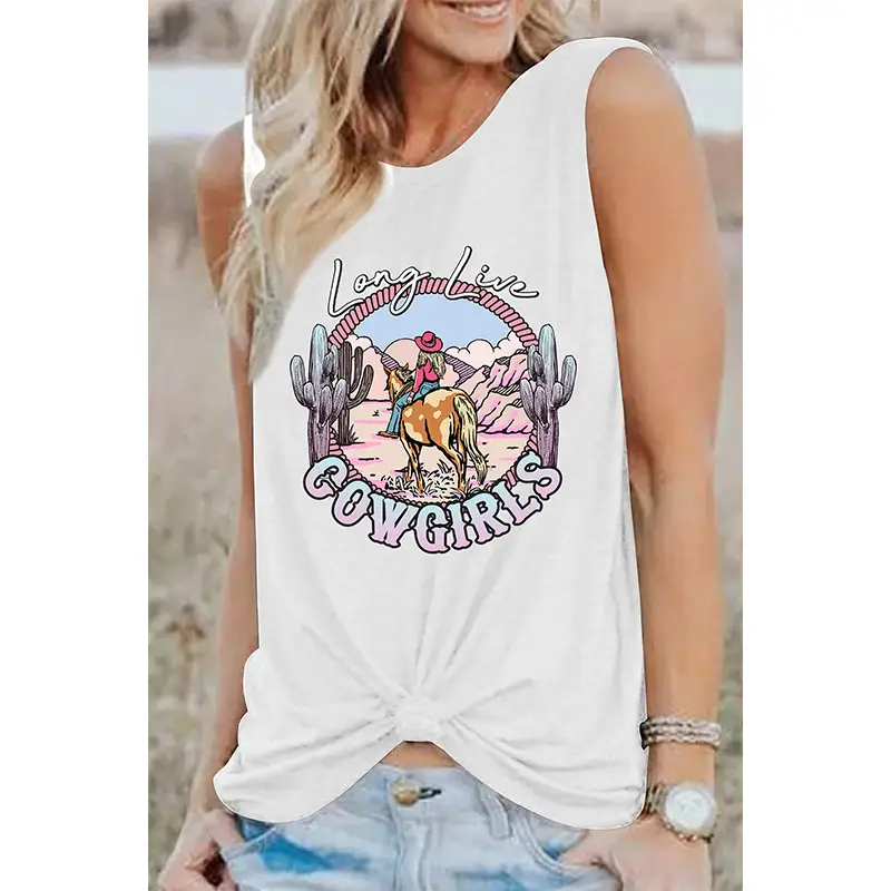 European and American summer women's round neck top Western style printed sleeveless T-shirt women
