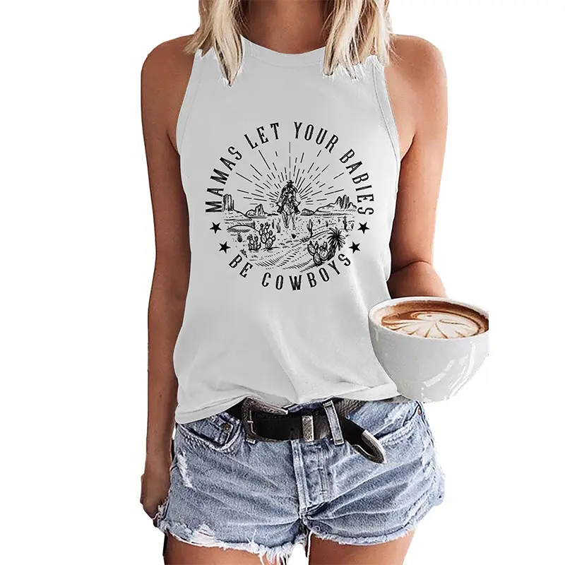 European and American summer women's round neck top Western style printed sleeveless T-shirt women