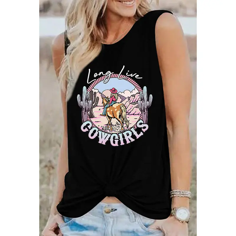 European and American summer women's round neck top Western style printed sleeveless T-shirt women