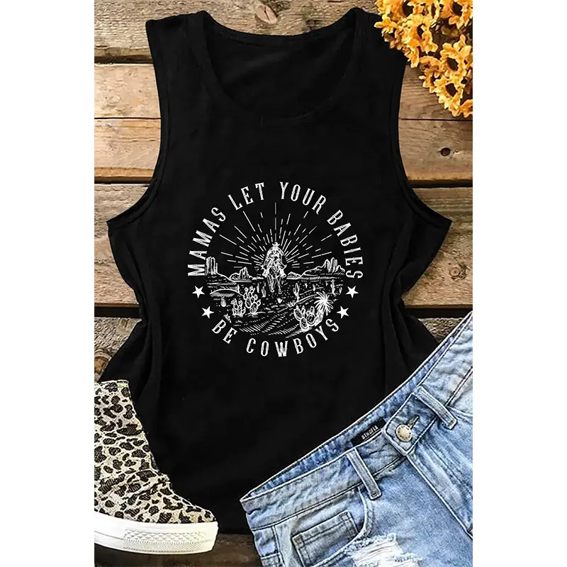 European and American summer women's round neck top Western style printed sleeveless T-shirt women
