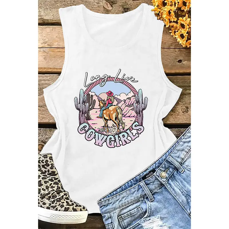 European and American summer women's round neck top Western style printed sleeveless T-shirt women