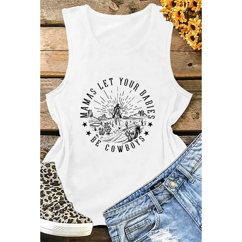 European and American summer women's round neck top Western style printed sleeveless T-shirt women