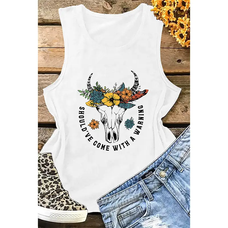 European and American summer women's round neck top Western style printed sleeveless T-shirt women