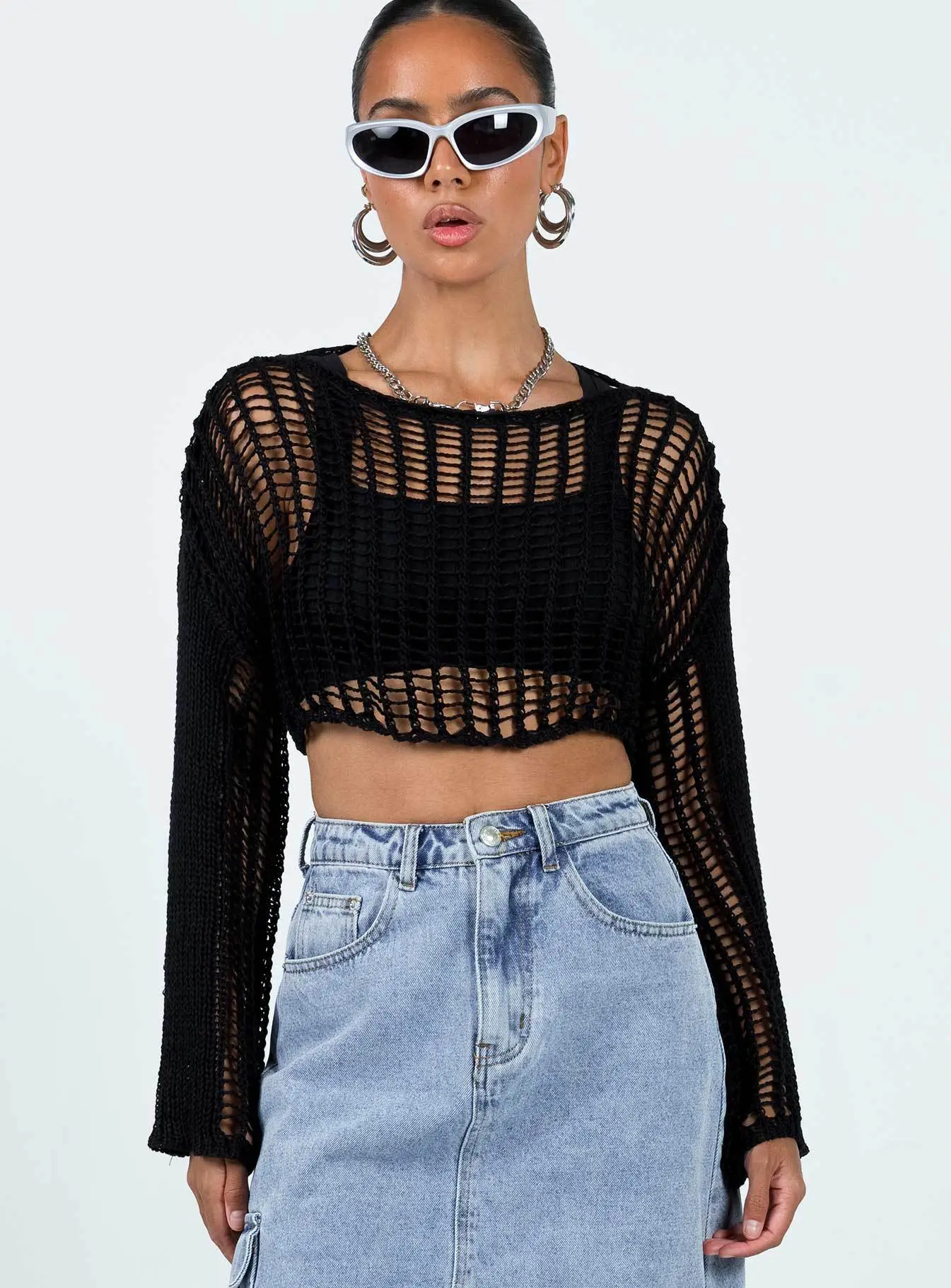 Black Long Sleeve Knitted Sunscreen Blouse for Women - Image 4