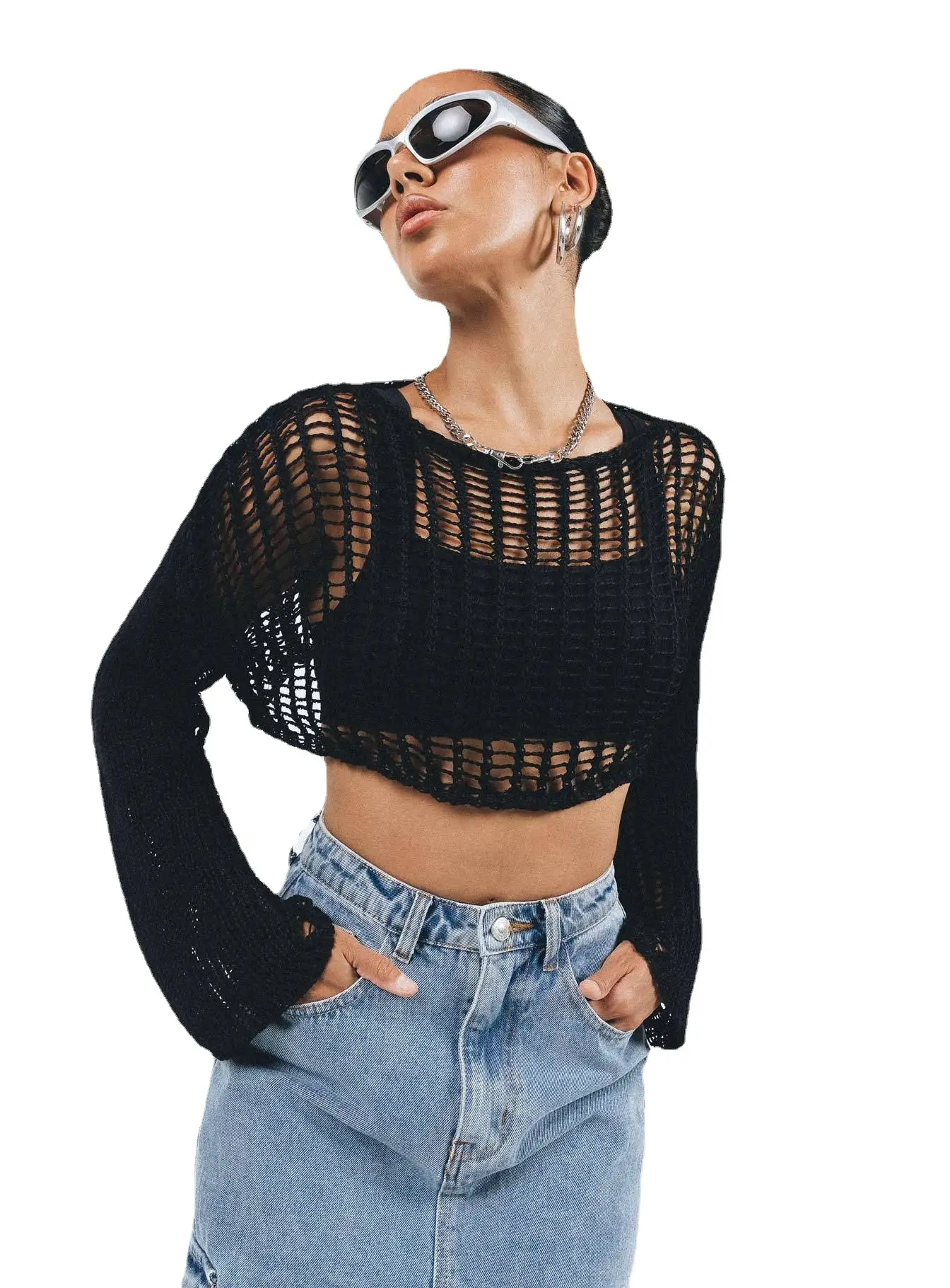 Black Long Sleeve Knitted Sunscreen Blouse for Women - Image 5
