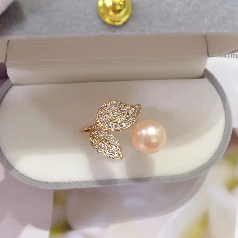 Zhuji Mountain Pearl Ring with Zircon Leaf Design - Image 3