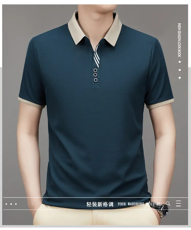 Men's 2023 Summer Polo Shirt Navy Blue Waffle Knit — feature 2