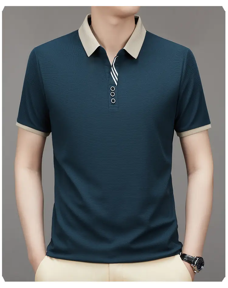 Men's 2023 Summer Polo Shirt Navy Blue Waffle Knit — feature 24