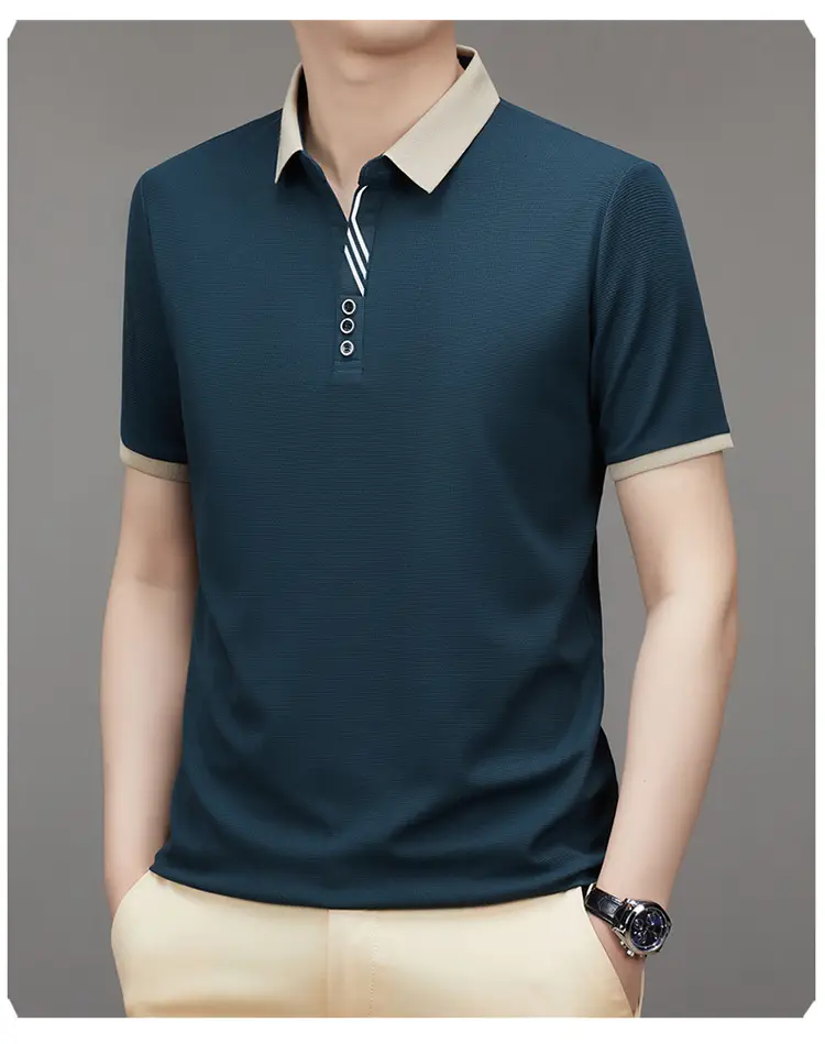 Men's 2023 Summer Polo Shirt Navy Blue Waffle Knit — feature 25