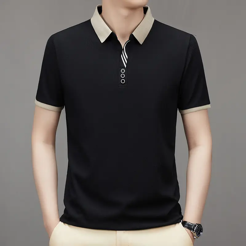 Men's 2023 Summer Polo Shirt Navy Blue Waffle Knit - Image 4