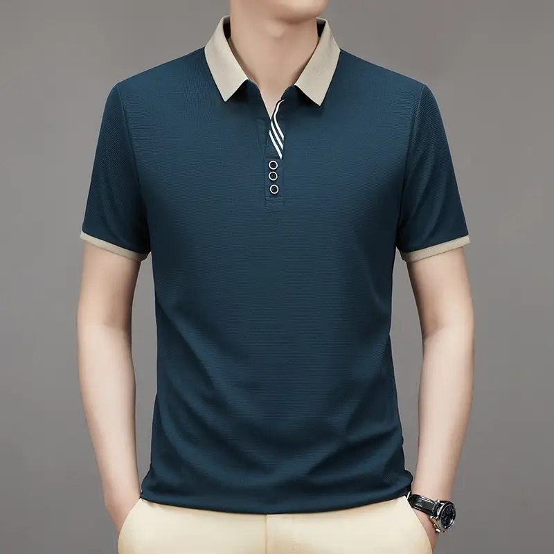 Men's 2023 Summer Polo Shirt Navy Blue Waffle Knit - Image 6
