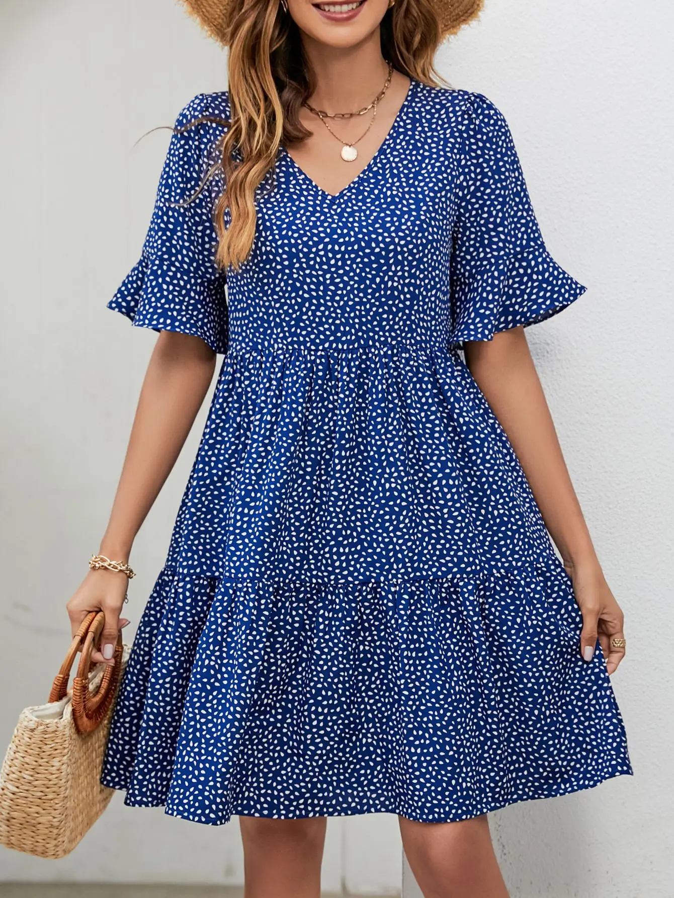 Blue Printed V Neck Trumpet Sleeve Casual Dress - Image 3