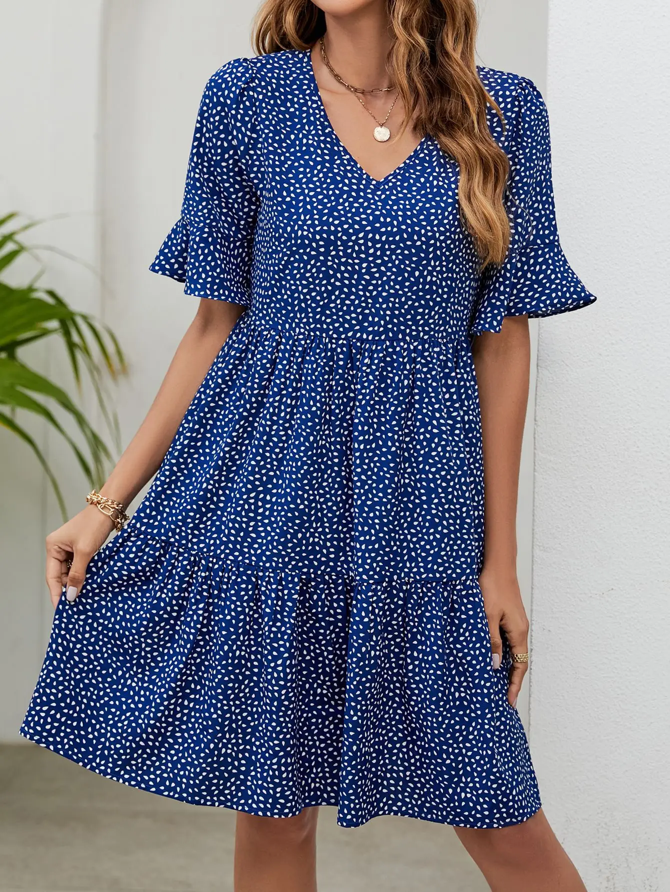 Blue Printed V Neck Trumpet Sleeve Casual Dress - Image 4
