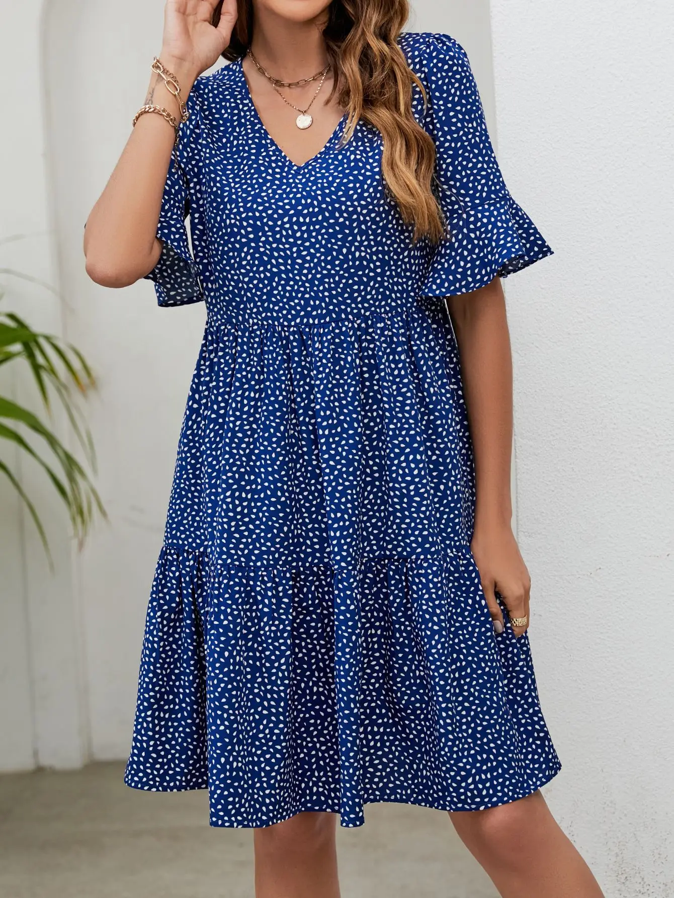 Blue Printed V Neck Trumpet Sleeve Casual Dress - Image 5