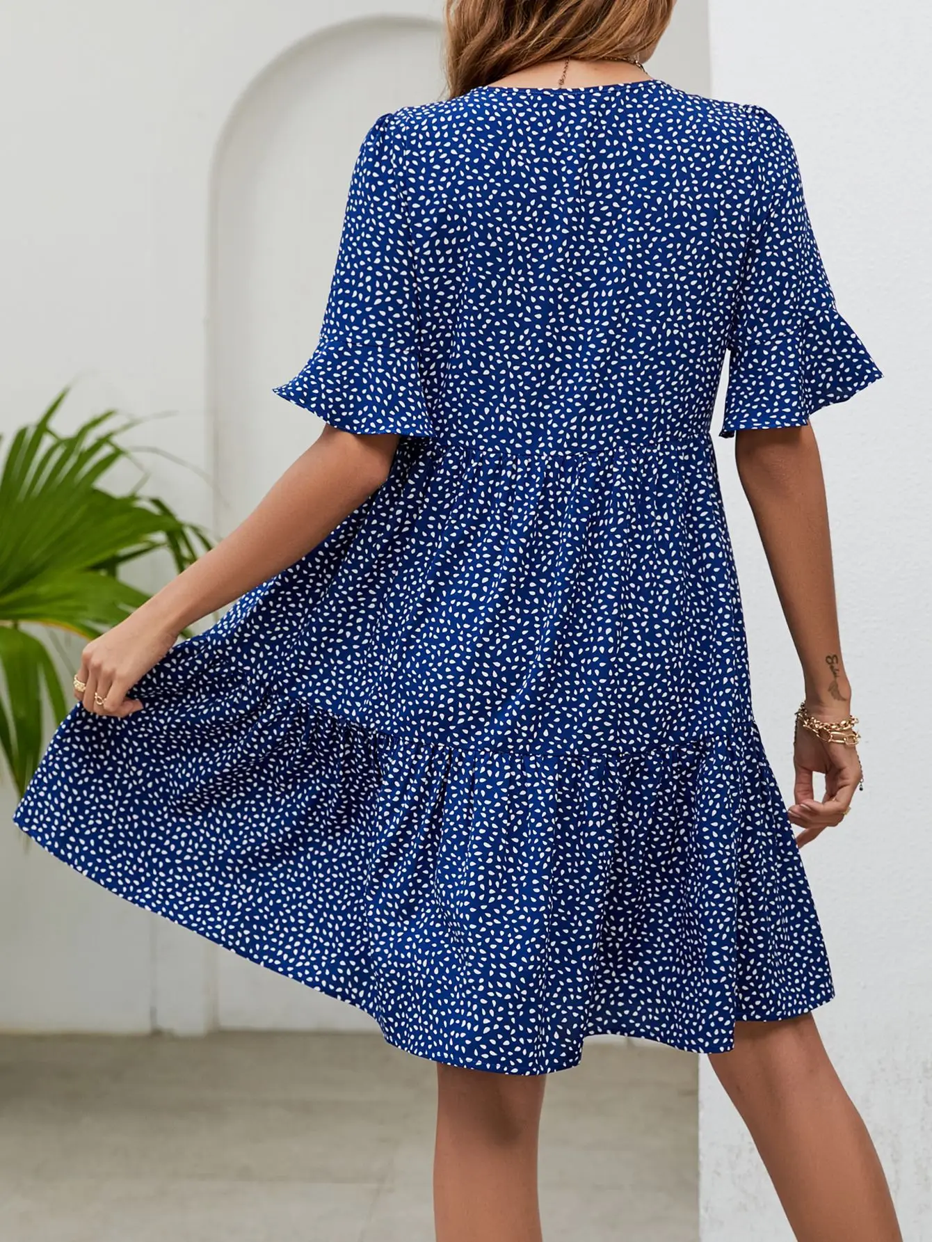 Blue Printed V Neck Trumpet Sleeve Casual Dress - Image 6