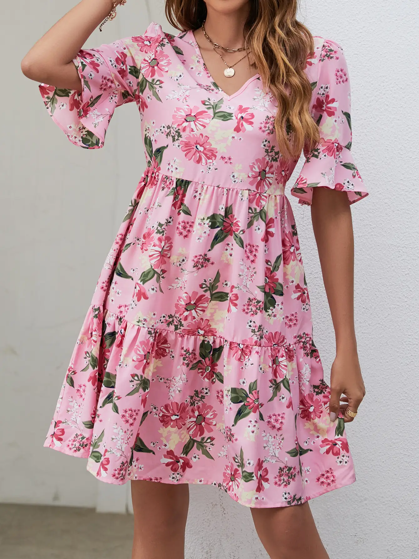 Blue Printed V Neck Trumpet Sleeve Casual Dress - Image 2