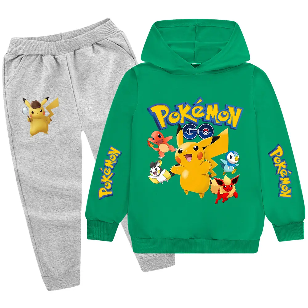 Children Pokemon Hoodie Pants Set Green Black