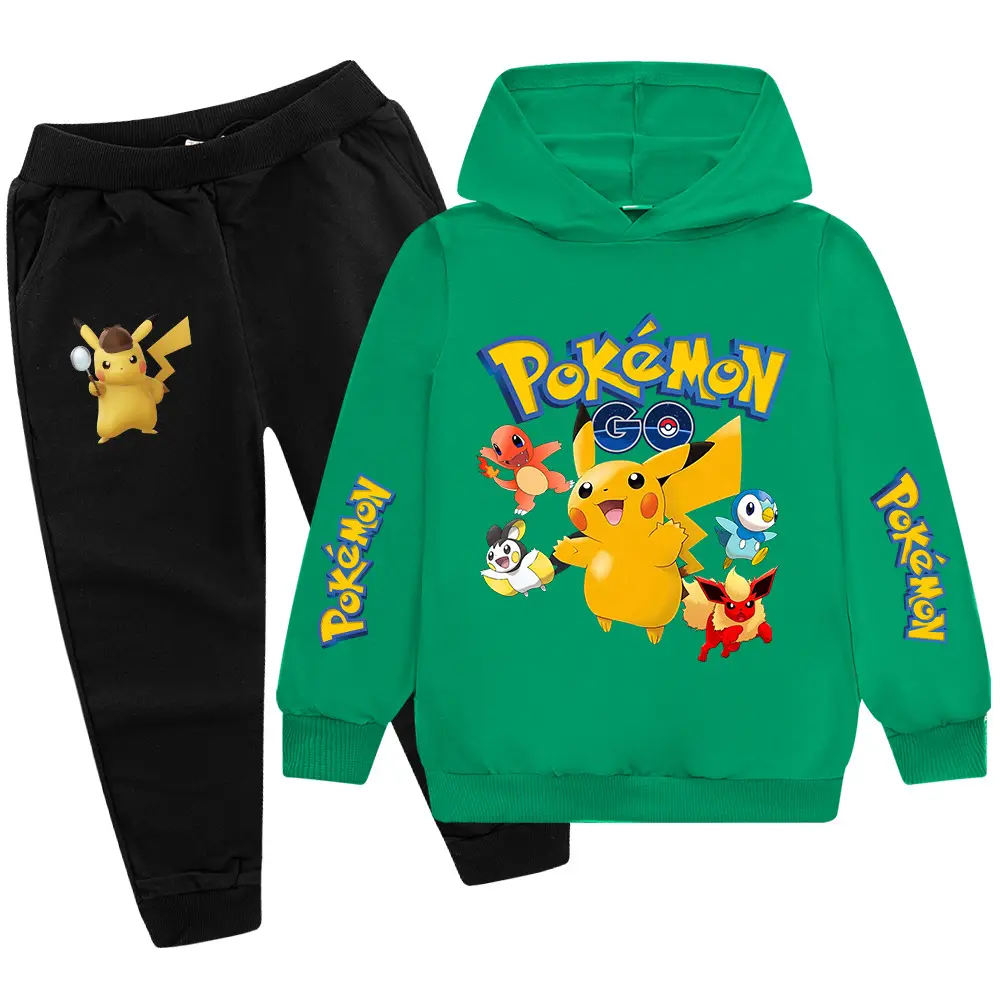 Children Pokemon Hoodie Pants Set Green Black