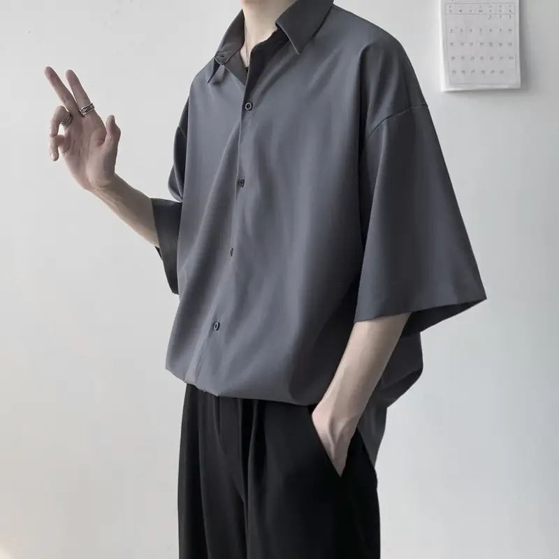 Men Ice Silk Short Sleeve Shirt Grey - Image 7