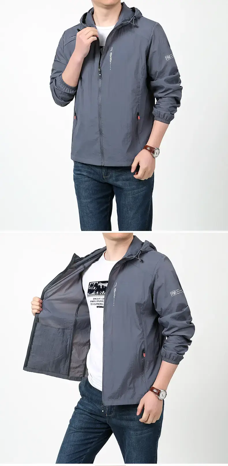 Men's Grey Hooded Sun Protection Jacket with Pocket — feature 7