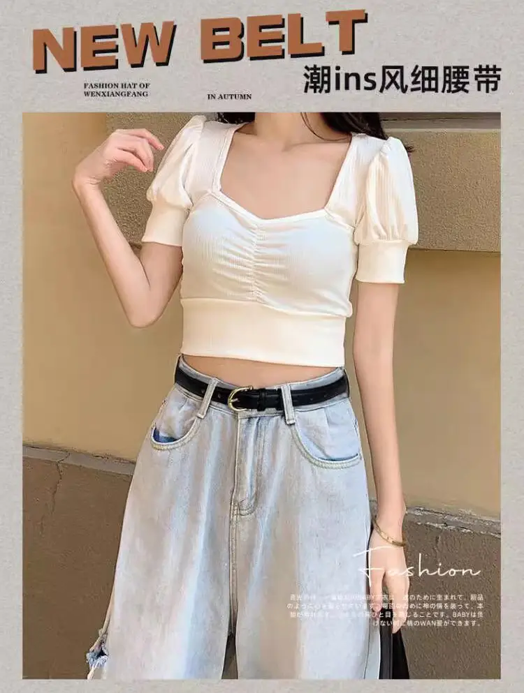 Korean Style Women's Leather Belt with Gold Buckle — feature 1