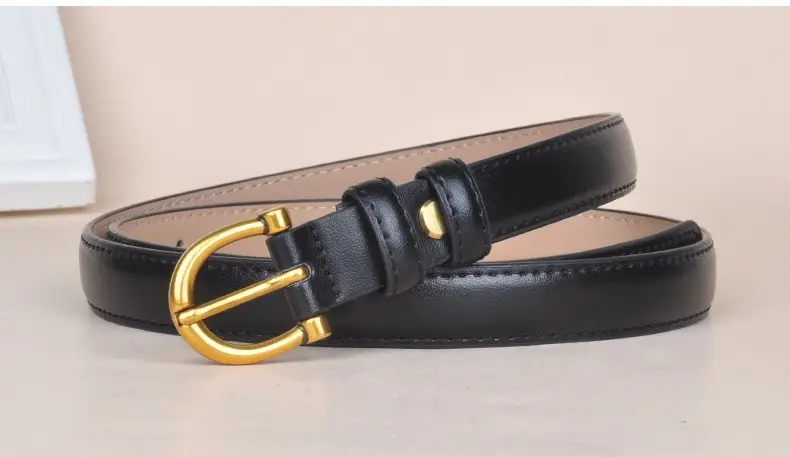 Korean Style Women's Leather Belt with Gold Buckle