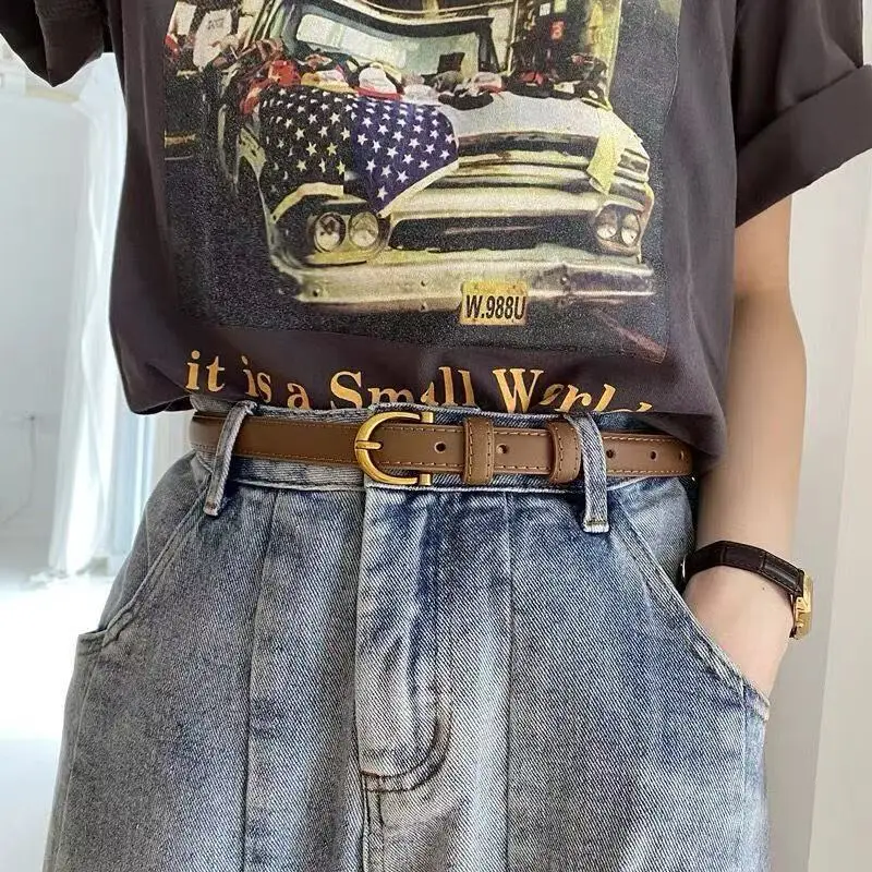 Korean Style Women's Leather Belt with Gold Buckle - Image 2