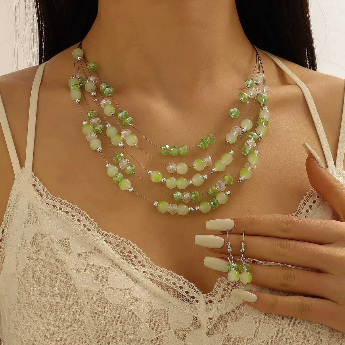 New Gorgeous Fashion Heart Pink Beaded Ins Elegant Simple Three-Piece Women's Jewelry Set - Image 2