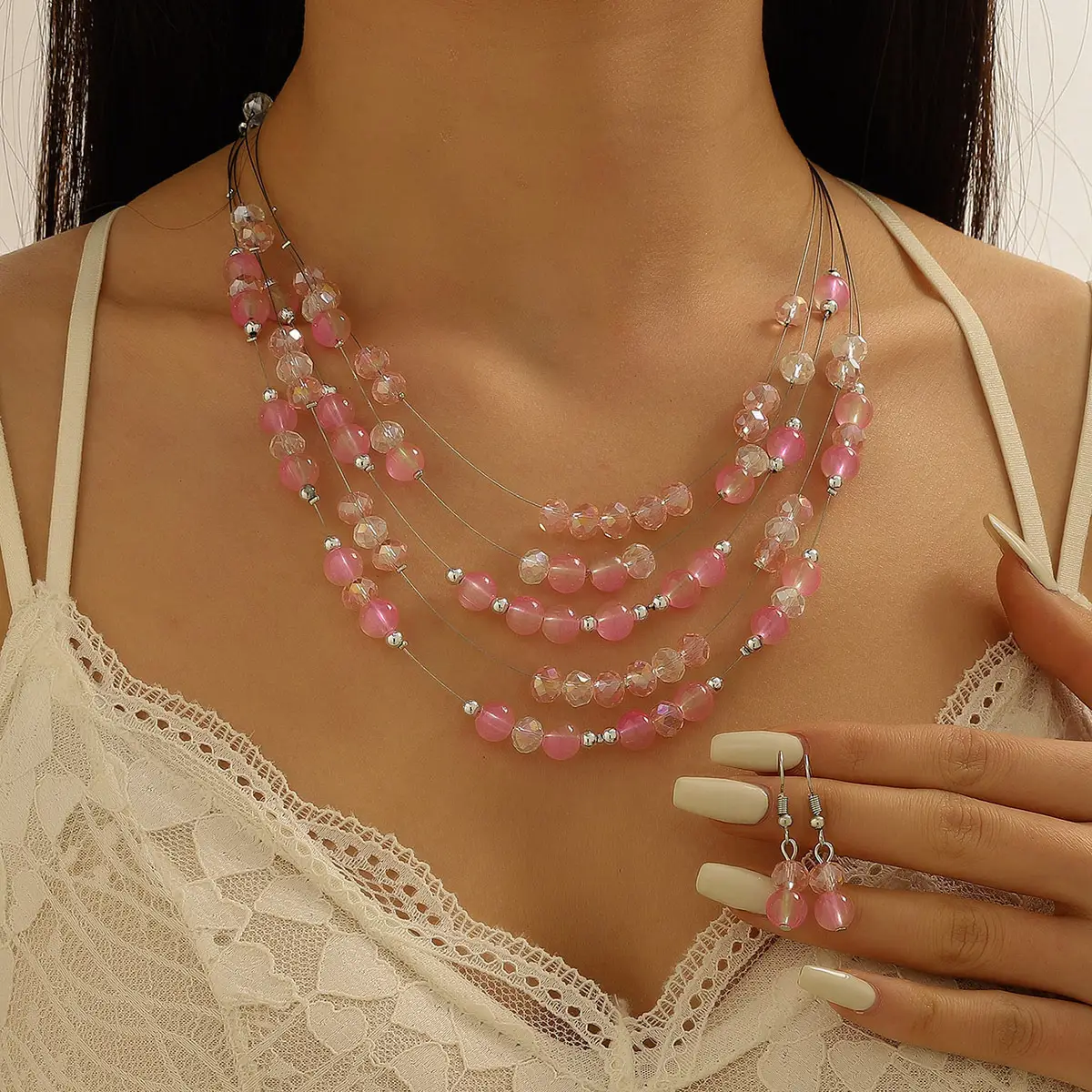 New Gorgeous Fashion Heart Pink Beaded Ins Elegant Simple Three-Piece Women's Jewelry Set — feature 18