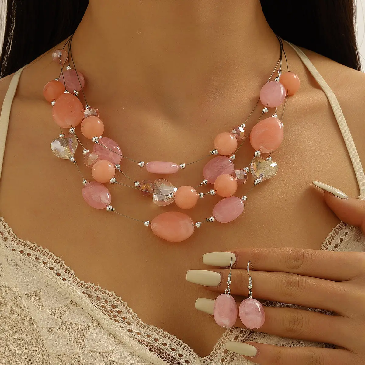New Gorgeous Fashion Heart Pink Beaded Ins Elegant Simple Three-Piece Women's Jewelry Set — feature 2