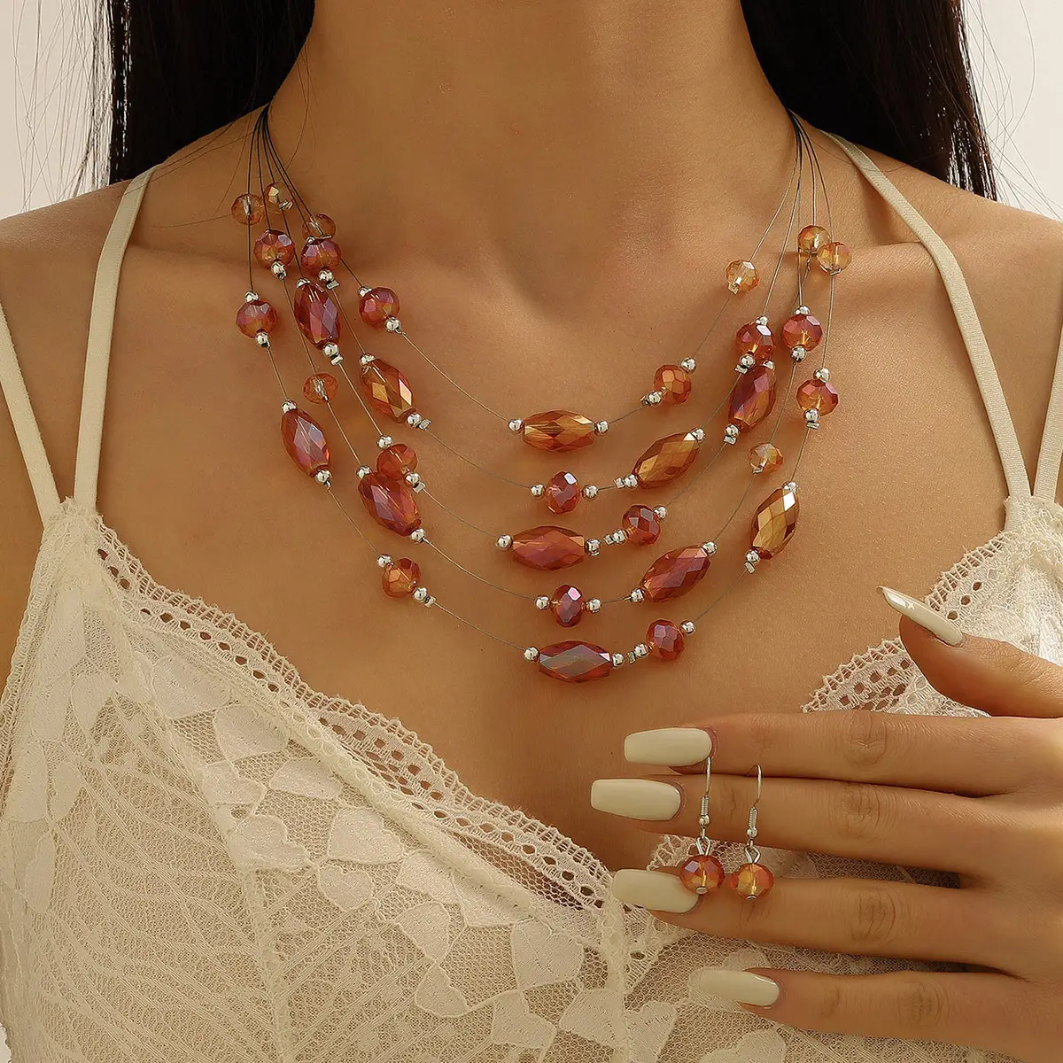New Gorgeous Fashion Heart Pink Beaded Ins Elegant Simple Three-Piece Women's Jewelry Set — feature 8