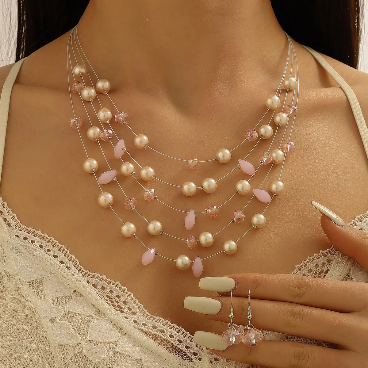 New Gorgeous Fashion Heart Pink Beaded Ins Elegant Simple Three-Piece Women's Jewelry Set - Image 17