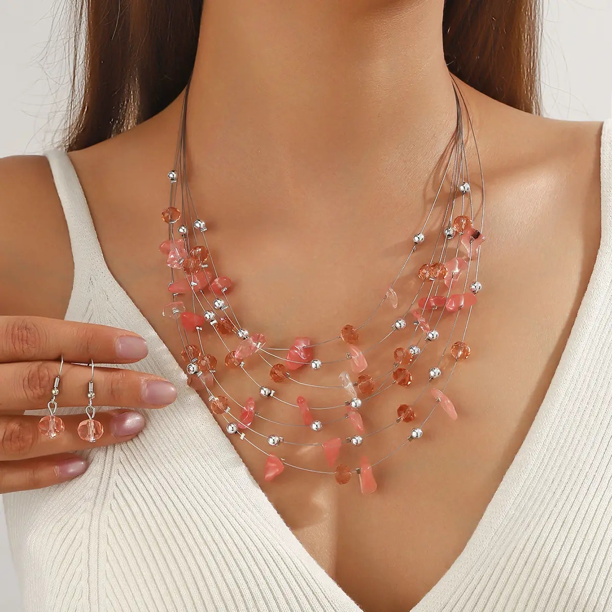 New Gorgeous Fashion Heart Pink Beaded Ins Elegant Simple Three-Piece Women's Jewelry Set - Image 24