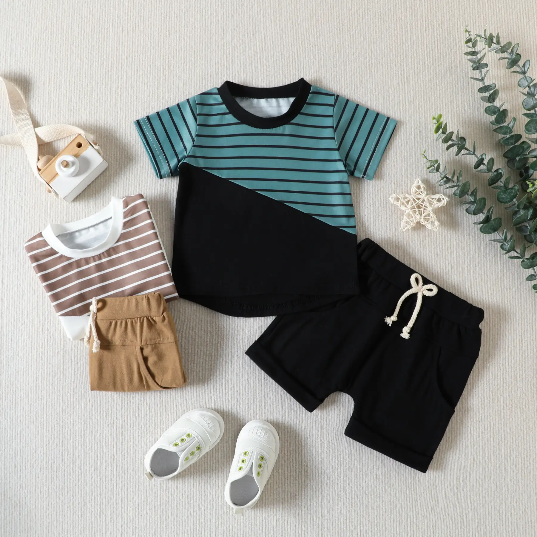 2023 Summer Baby Men Striped Shorts T-Shirt Set - Image 3