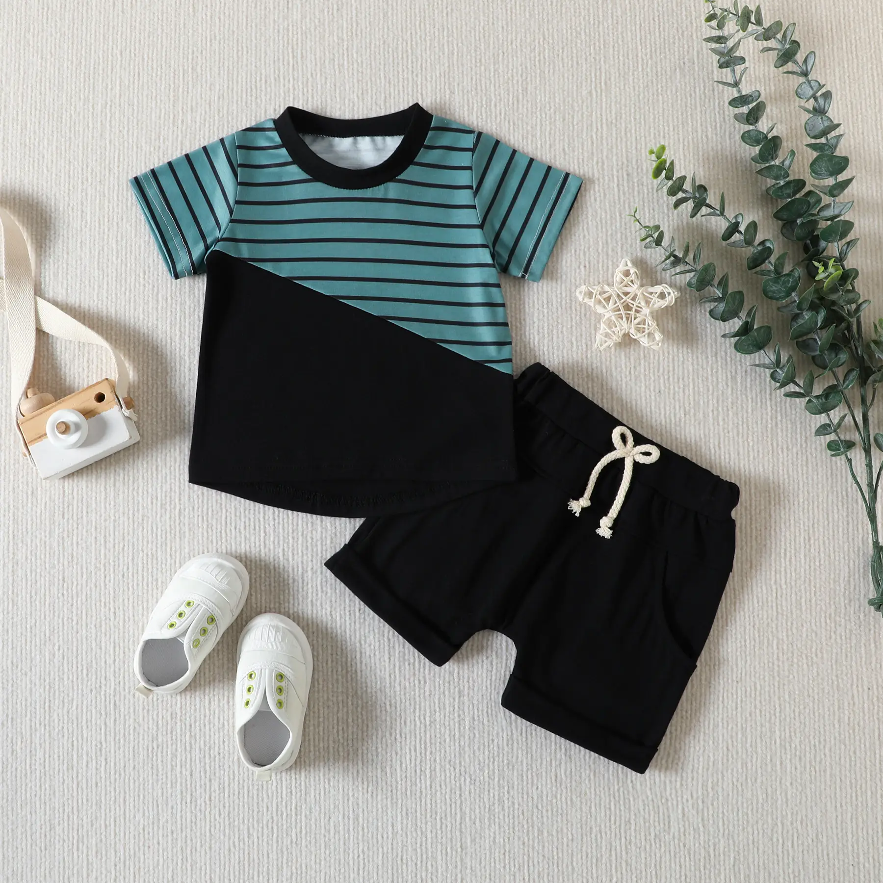 2023 Summer Baby Men Striped Shorts T-Shirt Set - Image 4