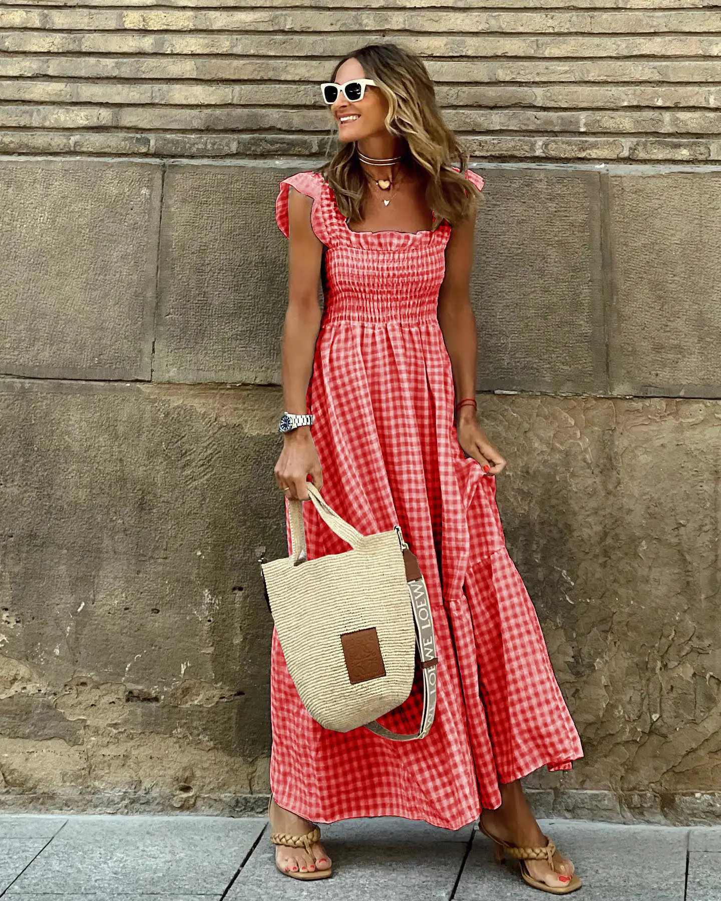 Women's 2025 Checkered Maxi Dress with Elastic Suspenders - Image 6