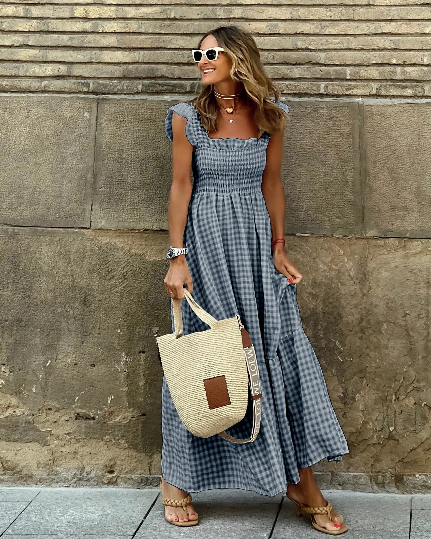 Women's 2025 Checkered Maxi Dress with Elastic Suspenders - Image 7