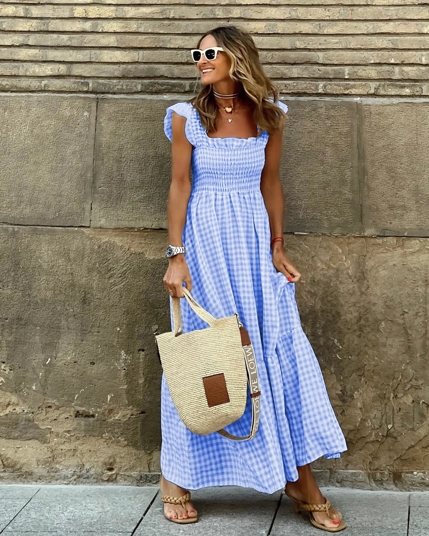 Women's 2025 Checkered Maxi Dress with Elastic Suspenders - Image 8