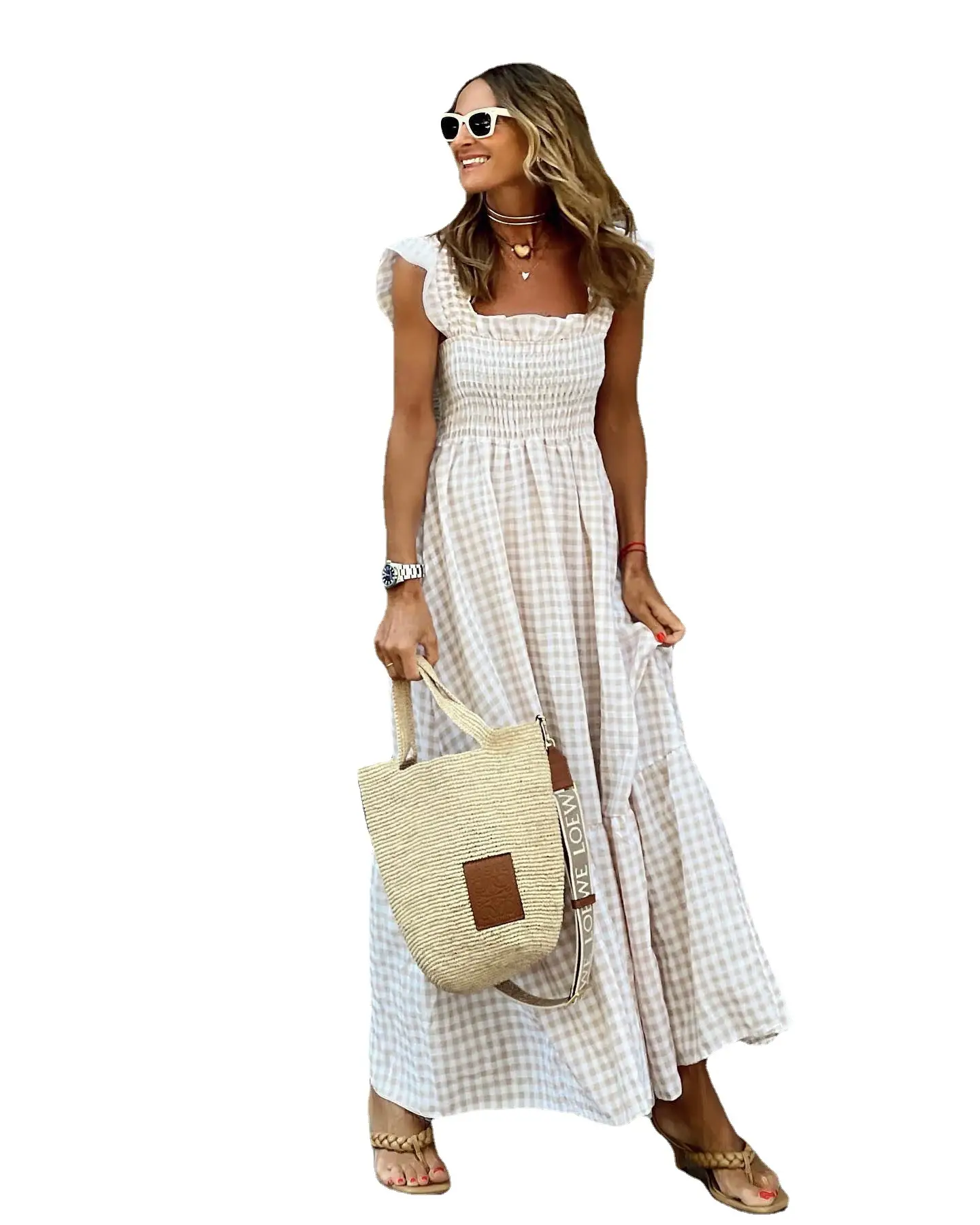 Women's 2025 Checkered Maxi Dress with Elastic Suspenders - Image 9