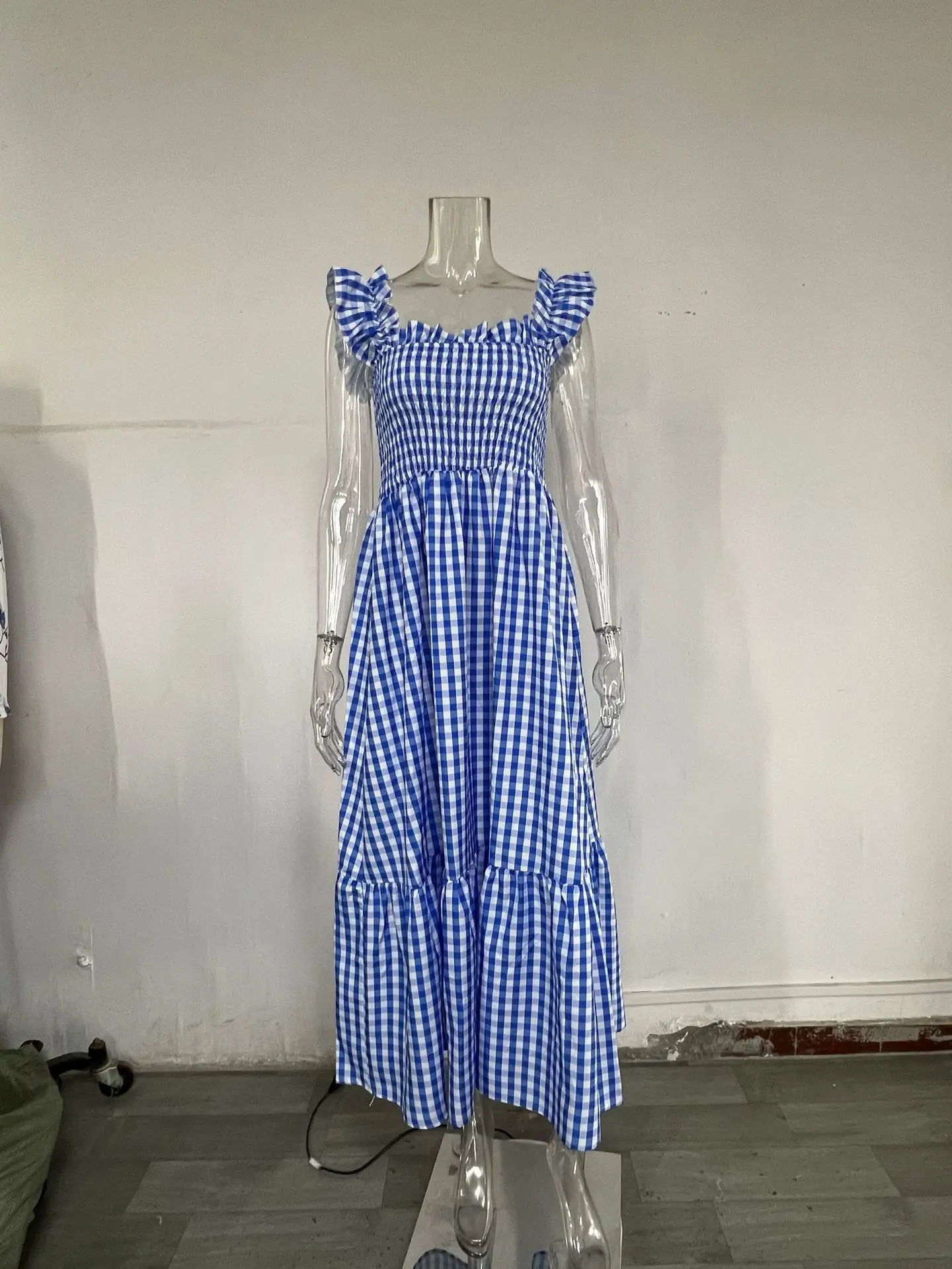 Women's 2025 Checkered Maxi Dress with Elastic Suspenders - Image 2