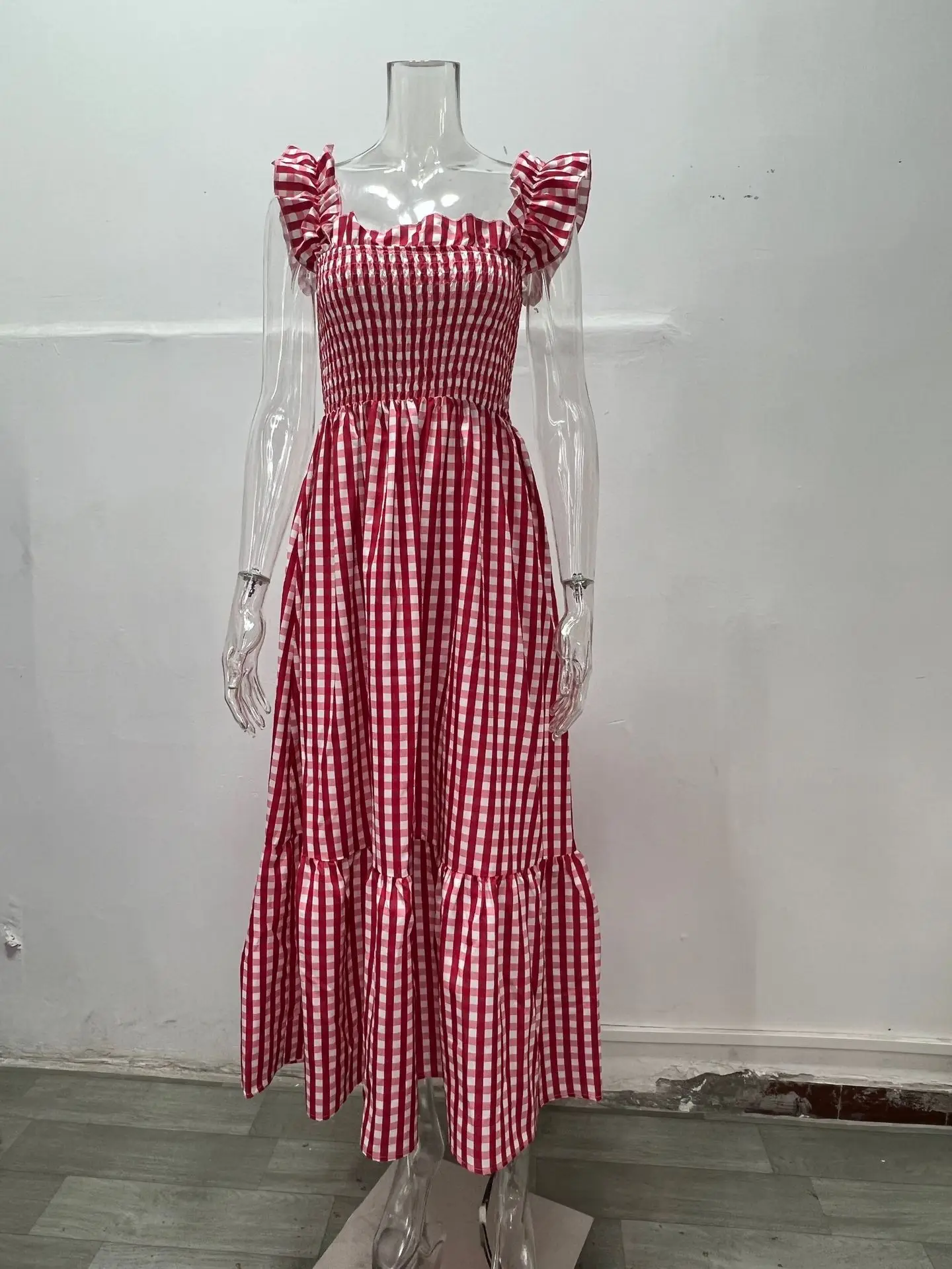 Women's 2025 Checkered Maxi Dress with Elastic Suspenders - Image 4