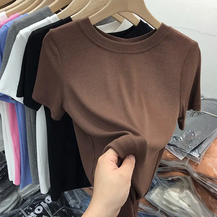 Women's Slim Fit Beige T-Shirt Round Neck 2025 - Image 13