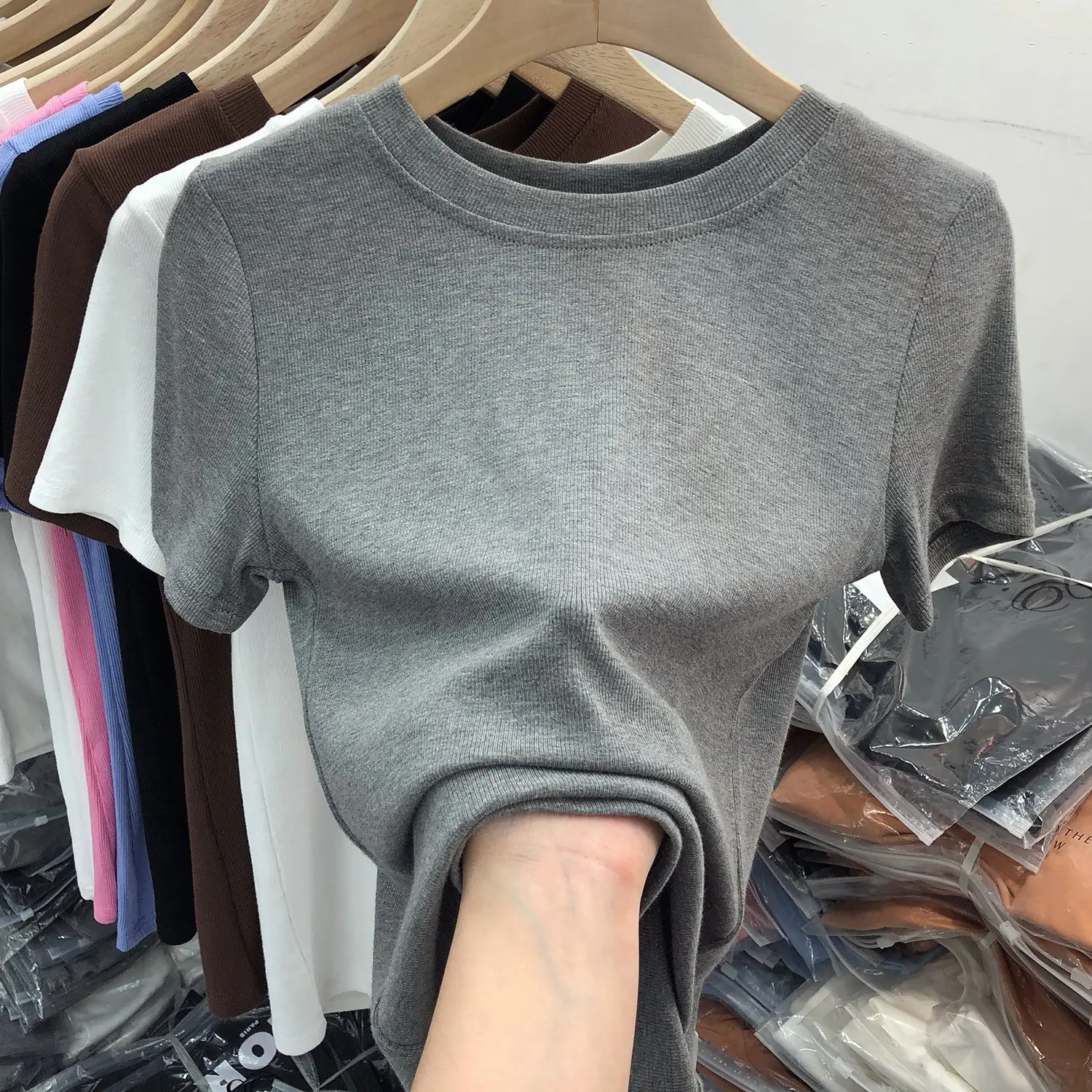 Women's Slim Fit Beige T-Shirt Round Neck 2025 - Image 14