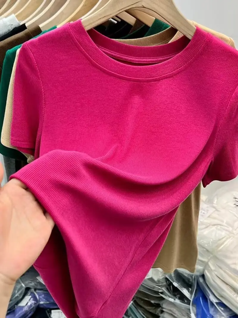 Women's Slim Fit Beige T-Shirt Round Neck 2025 — feature 13