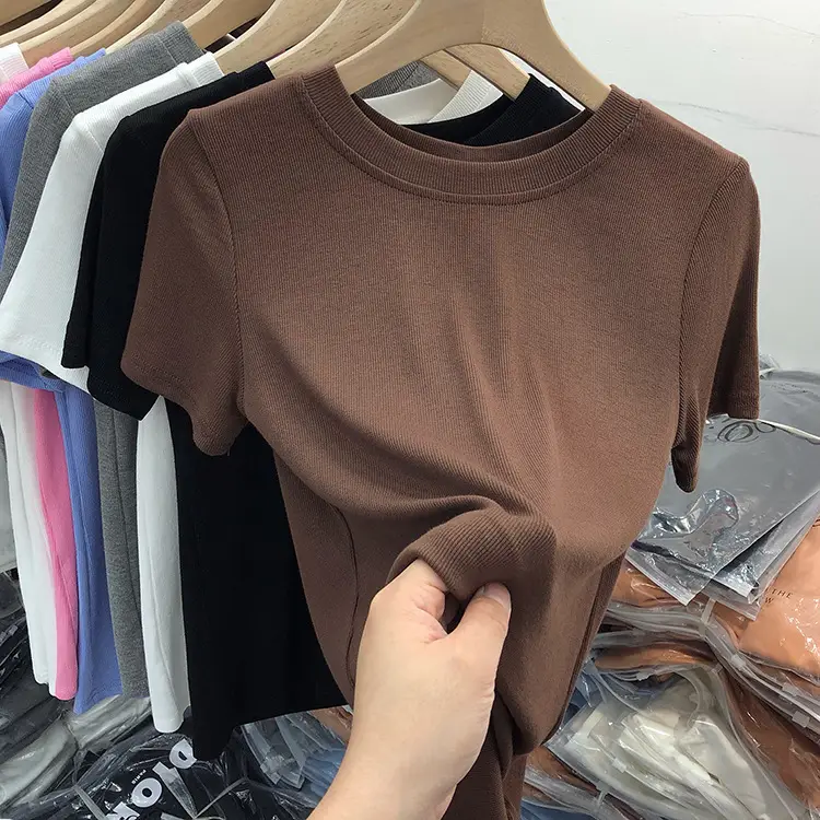 Women's Slim Fit Beige T-Shirt Round Neck 2025 - Image 6